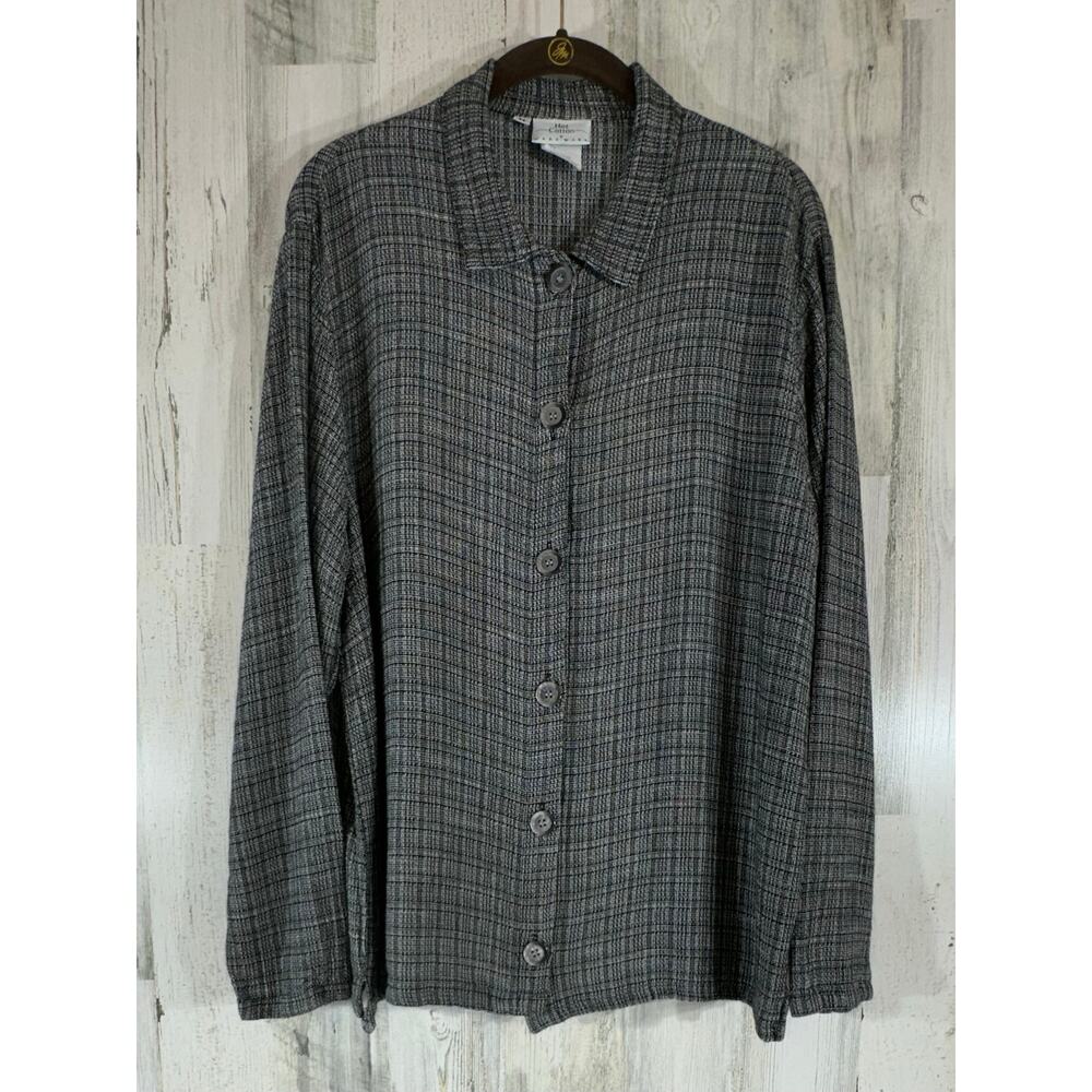 Hot Cotton By Marc Ware Button Up Blouse Size Medium Black Gray Plaid Tweed